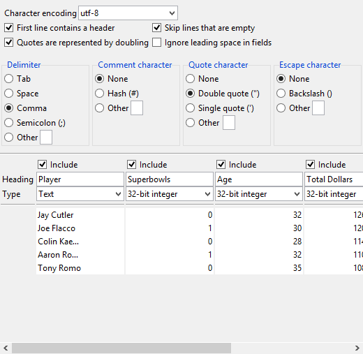 CSV configuration widget